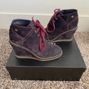 Chanel Lace Up Suede Calfskin Chain Wedge Booties